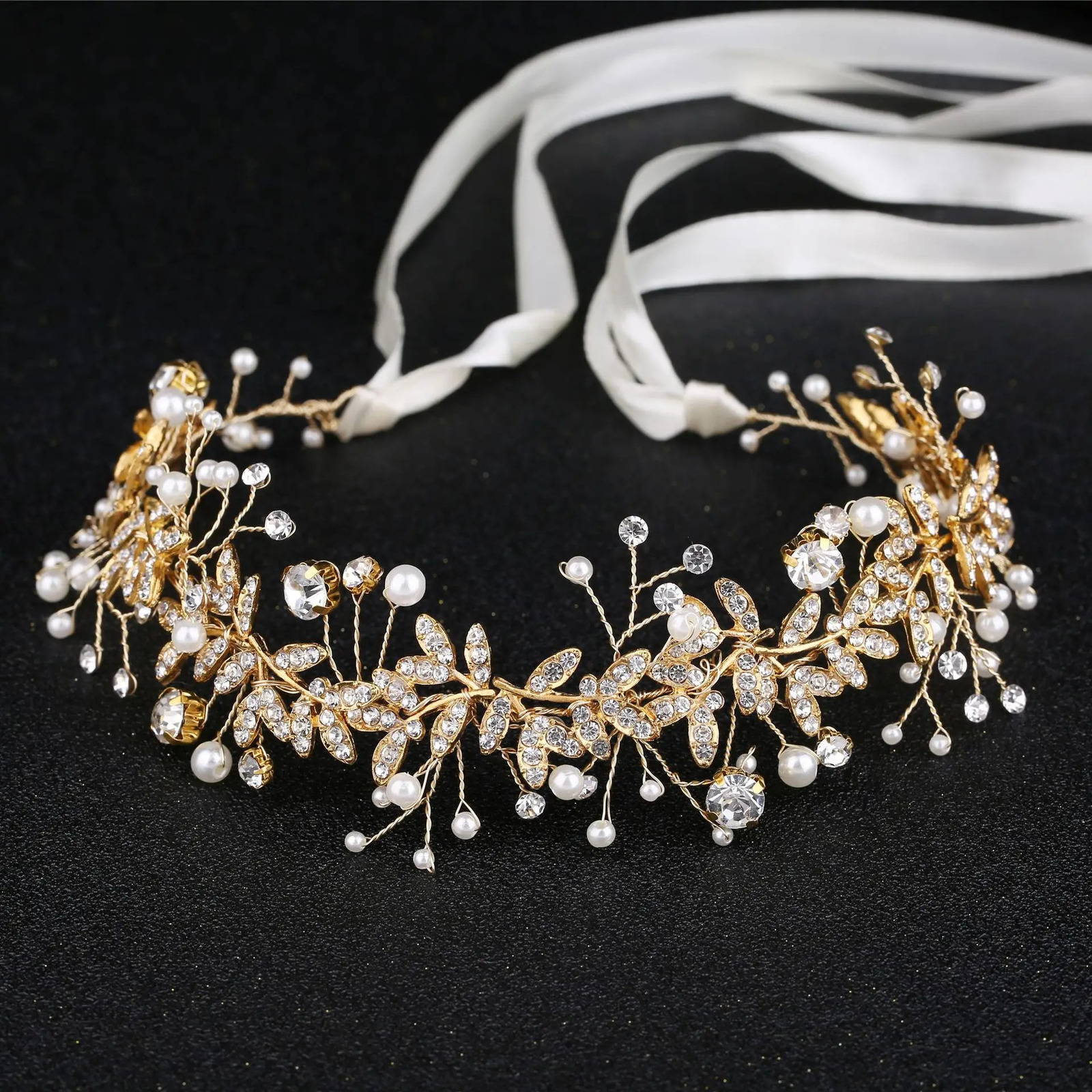 Crystal Flower Headband Ribbon Bow Hairband for Bride Wedding Hair Accessories Pearl Head Flower Headband Headwear 250610
