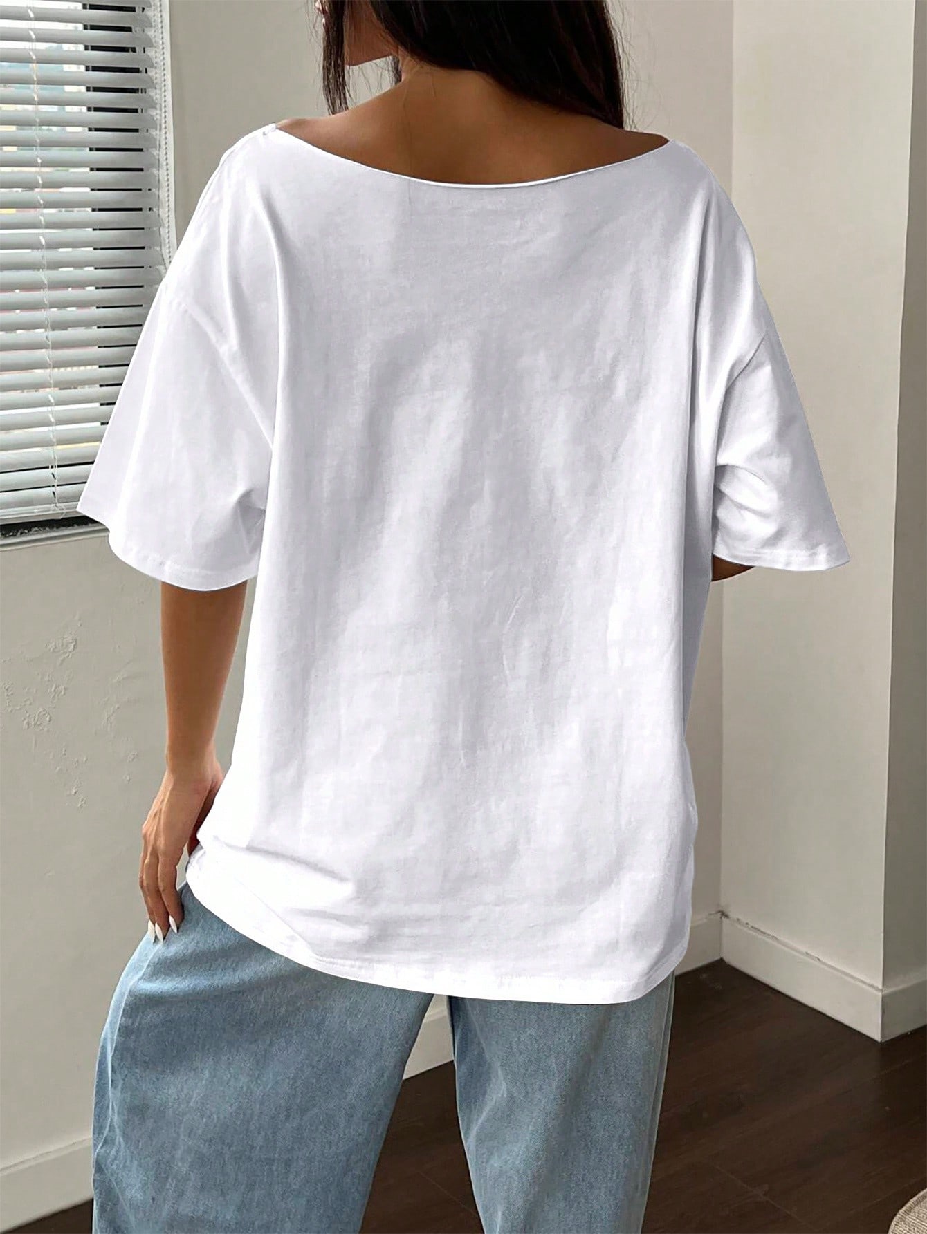Asymmetrical Neck Oversized Women's T-shirt Loose Pomegranate White Pure Cotton Casual T-shirt