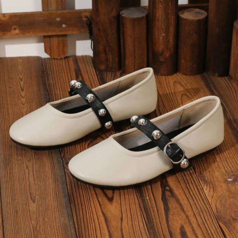 Designer Women Ballet Flats Trendy Rivet Buckle Strap Shallow Walking summer Footwear 2025 Leather Ladies Lolita Shoes