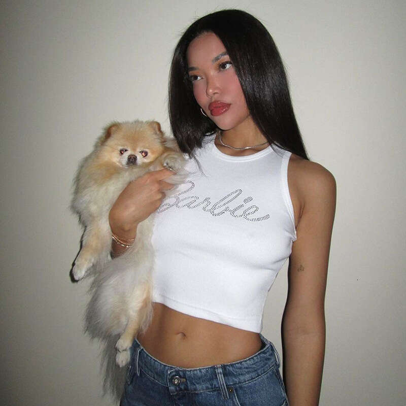 M23tp 358 Summer Round Neck Pullover Letter Rhinestone Crop Sexy Hot Girl Vest Top B5