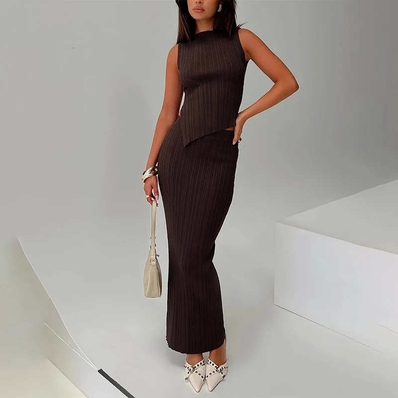 Summer Pure Color round Neck Unisex High Waist Long Dress Slimming Set Skirt Top And Bottom Ensemble 250609