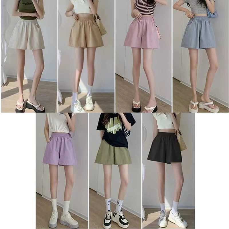 Women Summer Soft Casual Shorts Pants Lady Baggy Wide Leg Elastic Pink Cotton Cargo Pants Female High Waist Beach Baggy Pants 250614