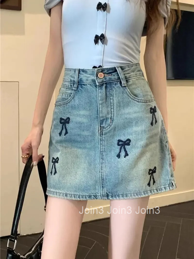 Blue Bow Jeans Skirts for Women Summer 2025 Aesthetic Clothing Sales Vintage Trend Korean Style High Quality Woman Denim Skirt