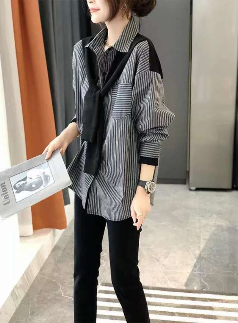 Clothing Black Top For Woman Spring Womens Shirts And Blouses Printed Loose Striped Fashion 2025 Streetwear Offer Stylish