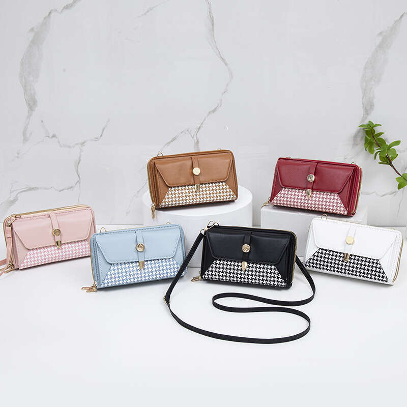New Style Patchwork Color-Block Phone for Women, Multifunctional Ladies Wallet with High-End Houndstooth Crossbody Shoulder Bag