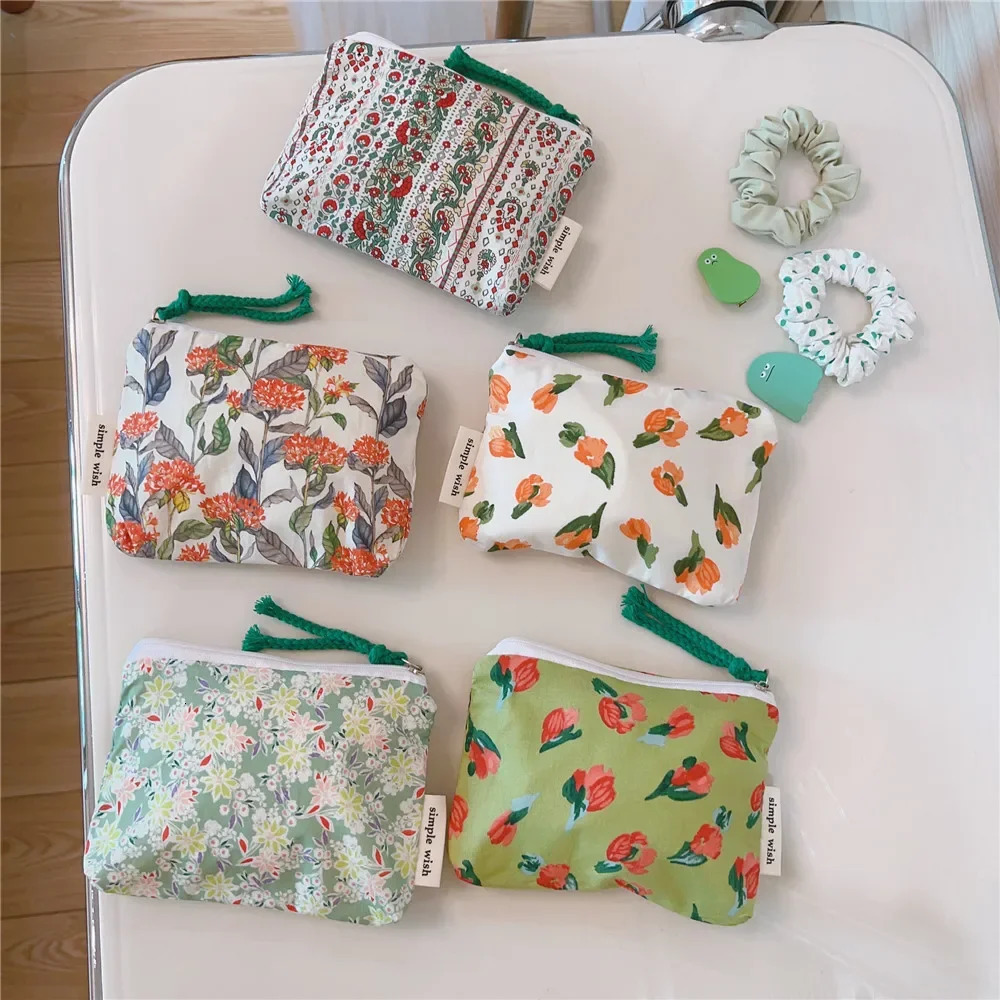 Cute Wallet Women Cotton Key Coin Purse Mini Coin Pouch Girls Floral Print Lipstick Sanitary Napkin Organizer Zipper Canvas Bags 250614