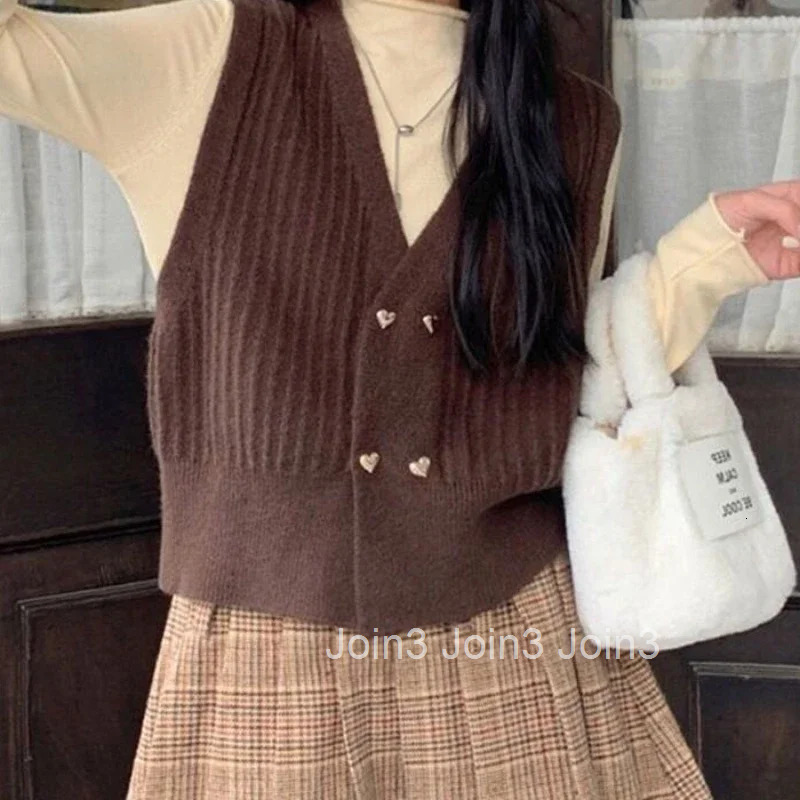 Winter Button Knitted Top for Women Brown V-neck Ladies Sweaters Vest Warm Thermal Blouse Tall Tops Crochet Trend 2025 Jersey