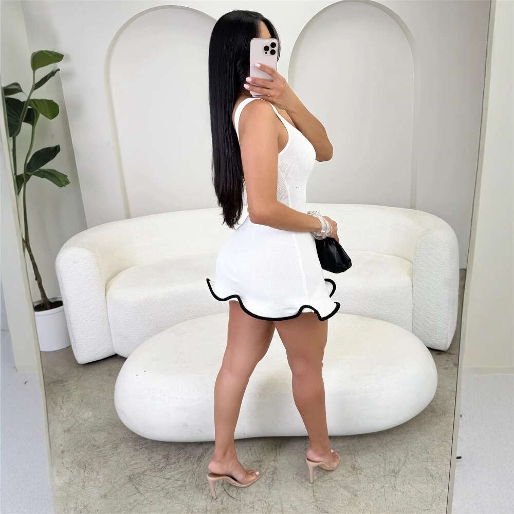 New Fashion Elastic Solid Color Elegant U-Neck Lace Irregular Strap Short Dress B5