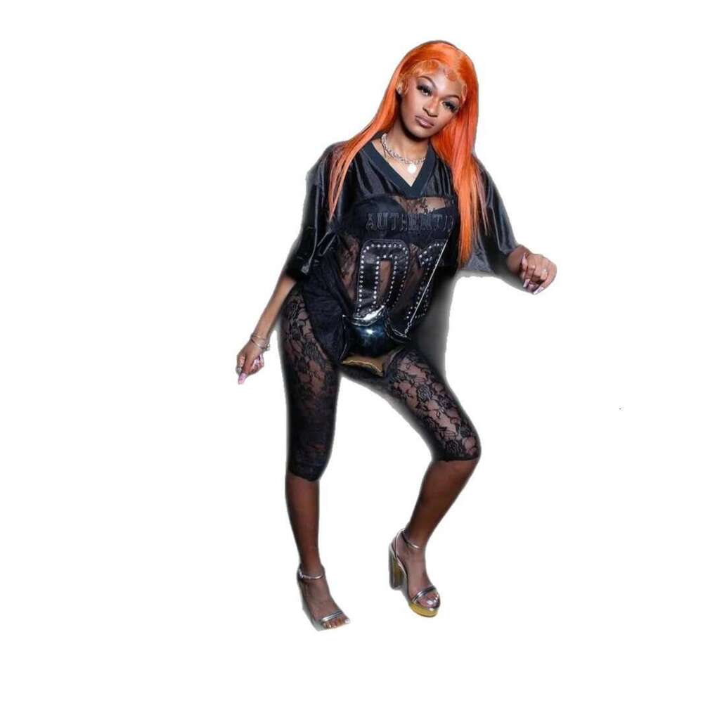 New Style Patchwork Solid Color Embroidered Hollow Lace See-Through Sexy Short Sleeve Top And Shorts Set B5