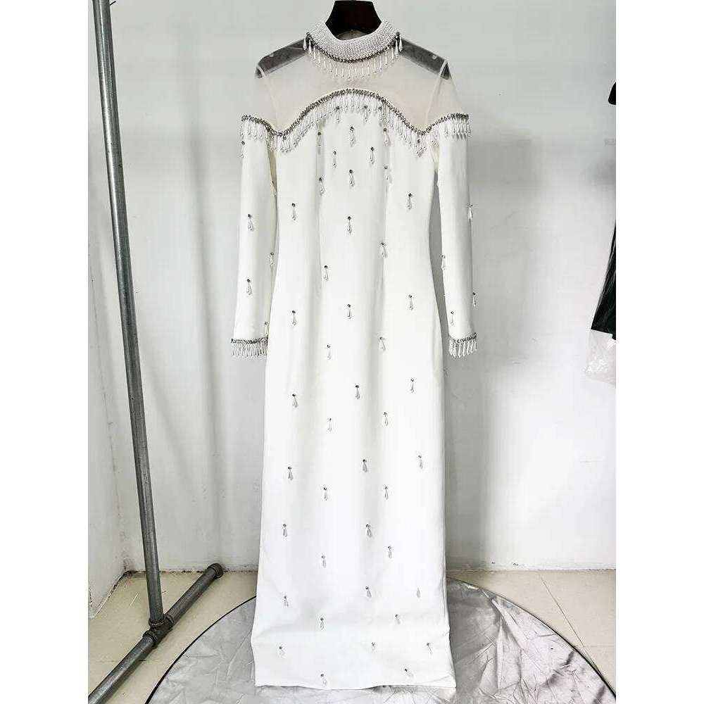 HIGH STREET Newest 2025 Designer Vestido Women's Spliced Mesh Dias Beaded Sleeved Floor Length Maxi Long Dress