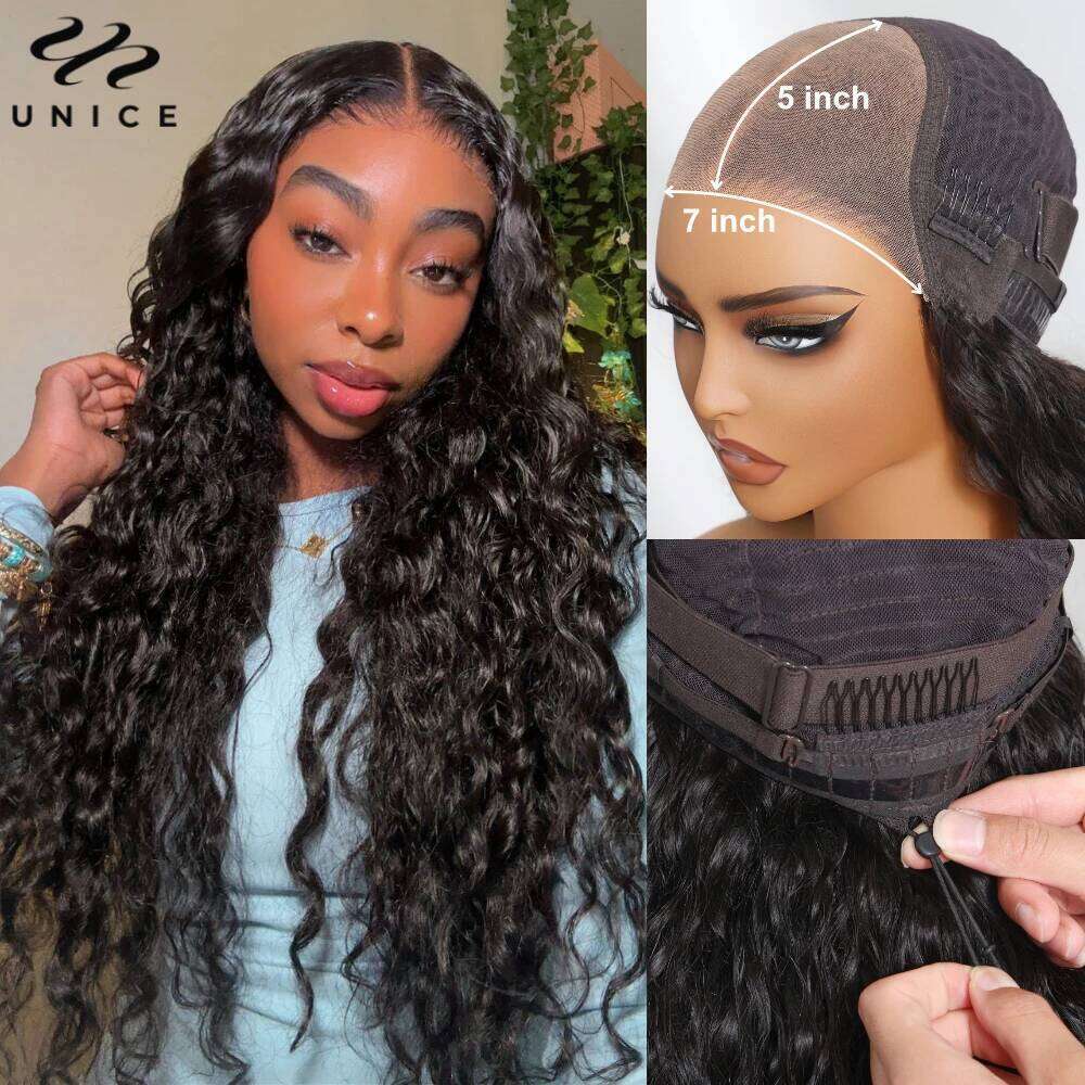 UNICE Upgrade Drawstring Water Wave 7x5 Glueless Cut Pre Bleached Lace Front Human Hair Wig Ready To Wear 180% Density