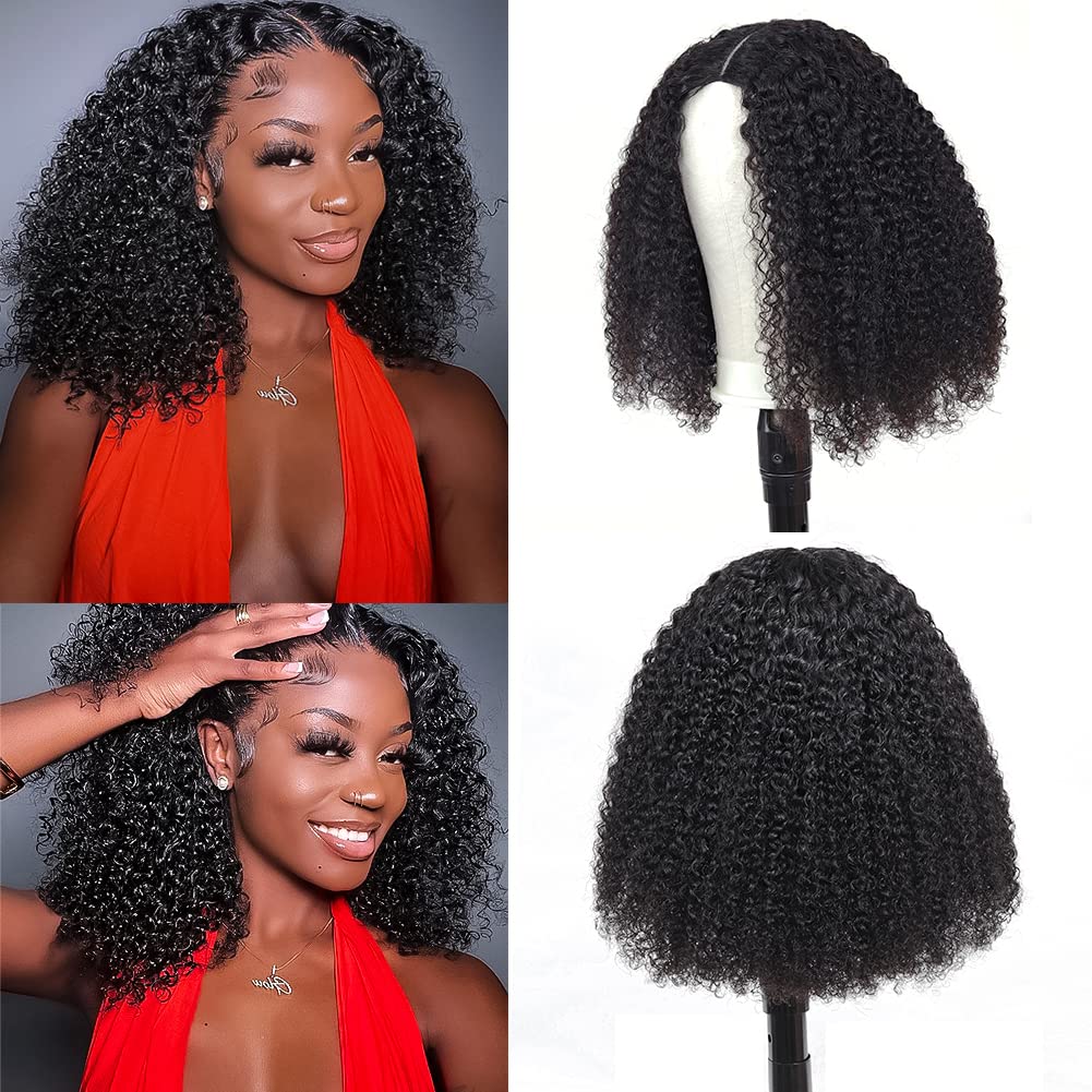 v part wig human hair kinky curly upgrade u part glueless wigs human hair pre plucked for black women 180% density 4x4x1 inch middle net clip in half 