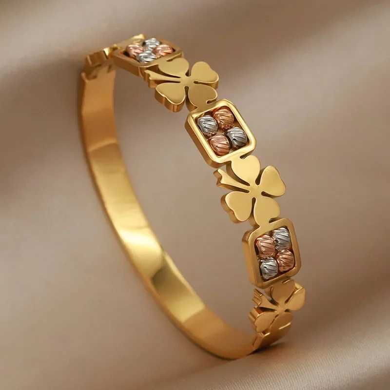 Stainless Steel Metal Mix Beads Flower Bangles for Women Fashion Brand Jewelry Elegant Bangles Accessories Z250616