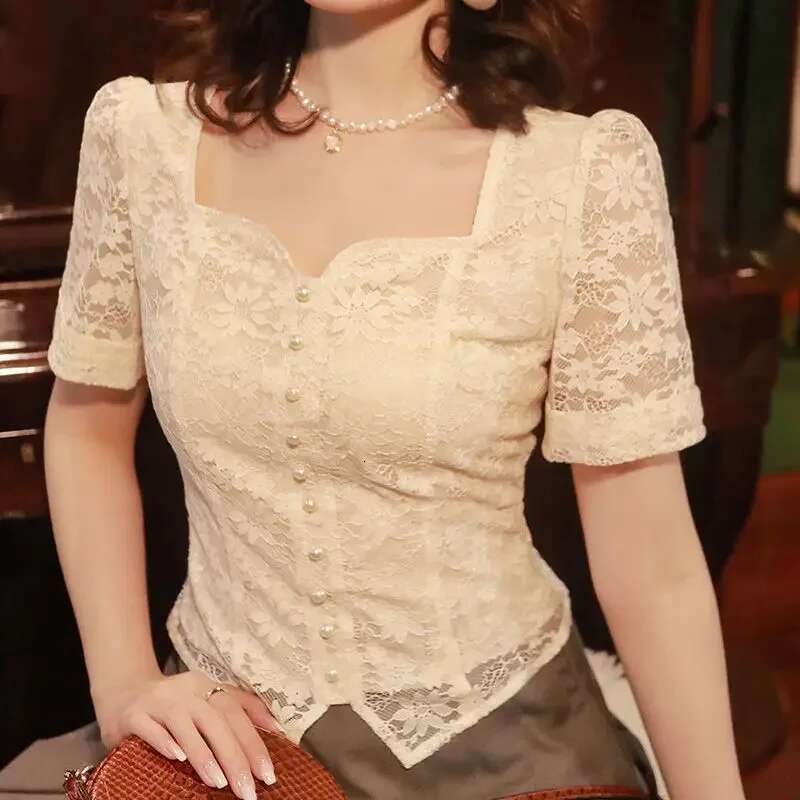 White with Short Sleeve Shirts Blouses for Women Summer Woman Top Sexy Embroidery Vintage Aesthetic Youthful Clothes New 2024