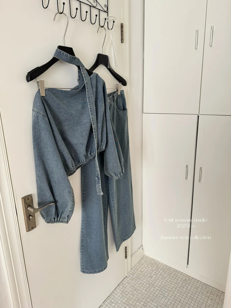 Summer Women Korean Rave Vacation Y2k 2000s Outfits 2 Piece Pants Set Off Shoulder Denim Long Sleeve Crop Top Long Baggy Jeans 250614