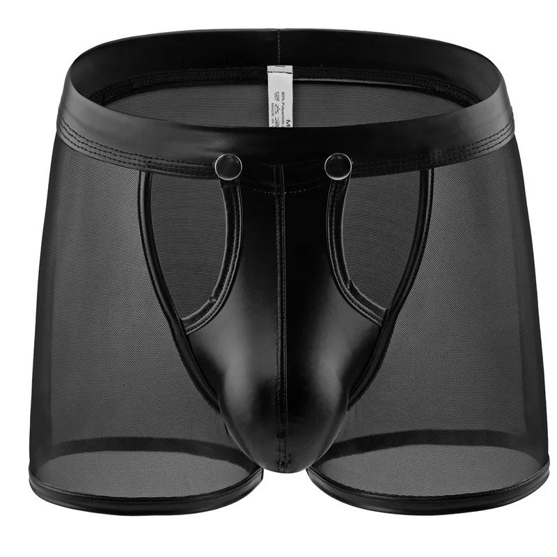 Mens Boxers Shorts Transparent Mesh Underwear Man Panties Faux Leather Detachable Buckle Pouch Underpants Cueca Calzoncillo 250614