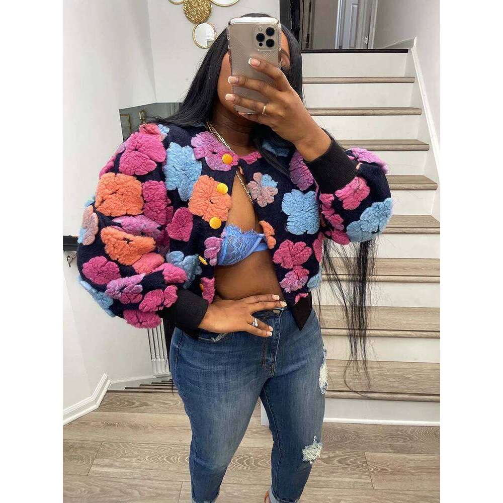 Sibybo Cotton Rib Knit Sweater For Woman 3D Flower Single-breasted Cardigan Coat Street Temperament Casual Pull Hiver Femme