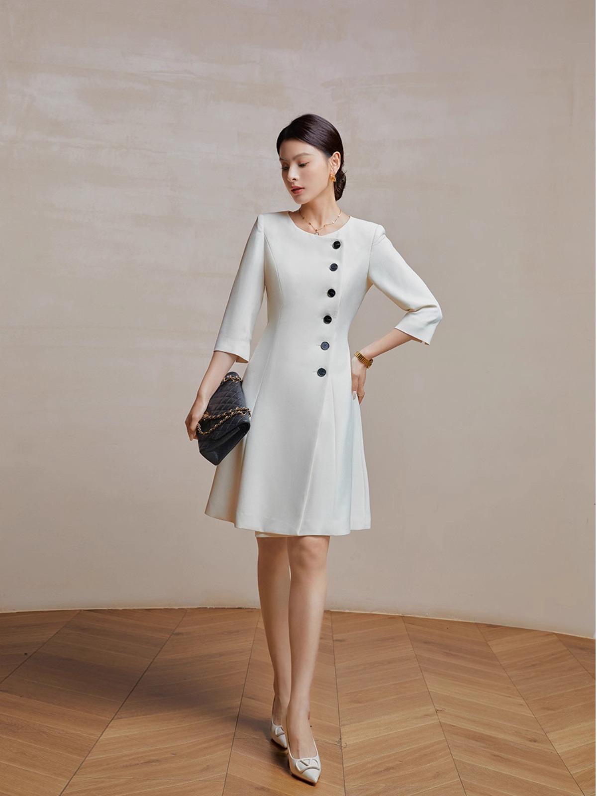S140 Women's temperament mid-length swing A-line skirt single row button suit skirt
