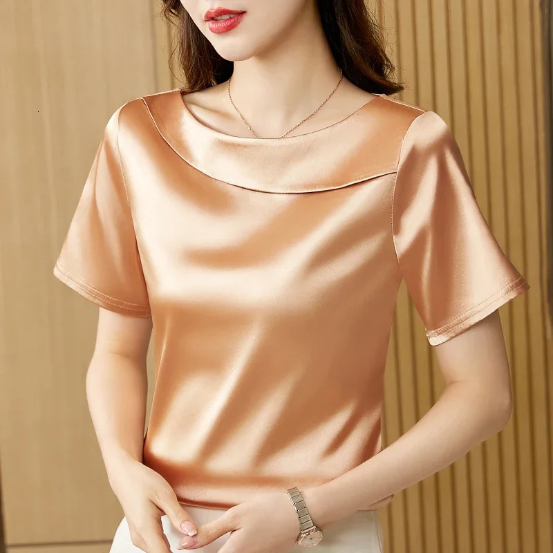 Satin Women Blouse T-shirt Skew Collar Blouses Summer Short Sleeve Womens Tops Solid Elegant Women Clothing OL Shirts for Women 250614