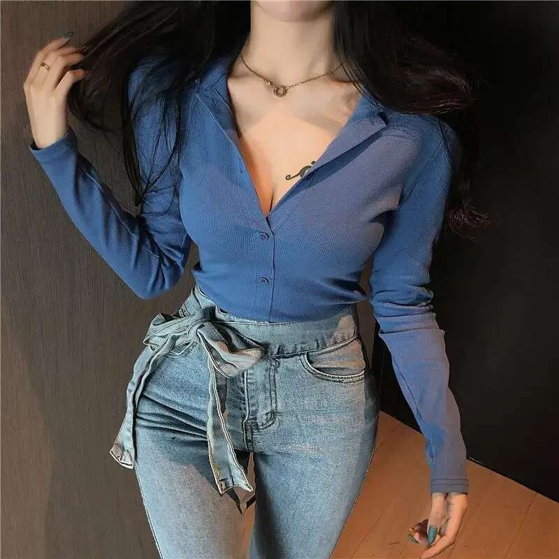 Female Tee Button Cotton T-shirts Long Sleeve Womens Polo Pulovers Synthetic Cheap Tops Youthful Elegant Aesthetic Youth