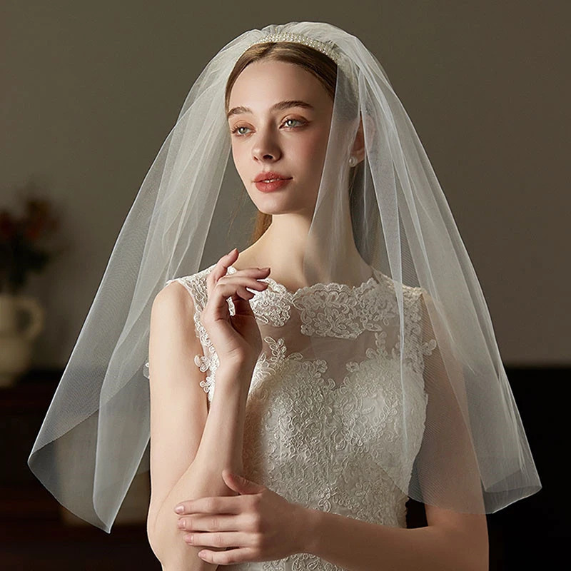 Pearl Embellished Elbow Length Wedding Veil with Crystal Headband for Bride-to-Be Bachelorette Party Pography Accessories 250610