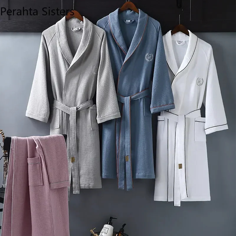 High Quality el Home Waffle Bathrobe For Men Pure Cotton Embroidered Lapel Absent Bath Robe Mens Solid Color Dressing Gown 250614