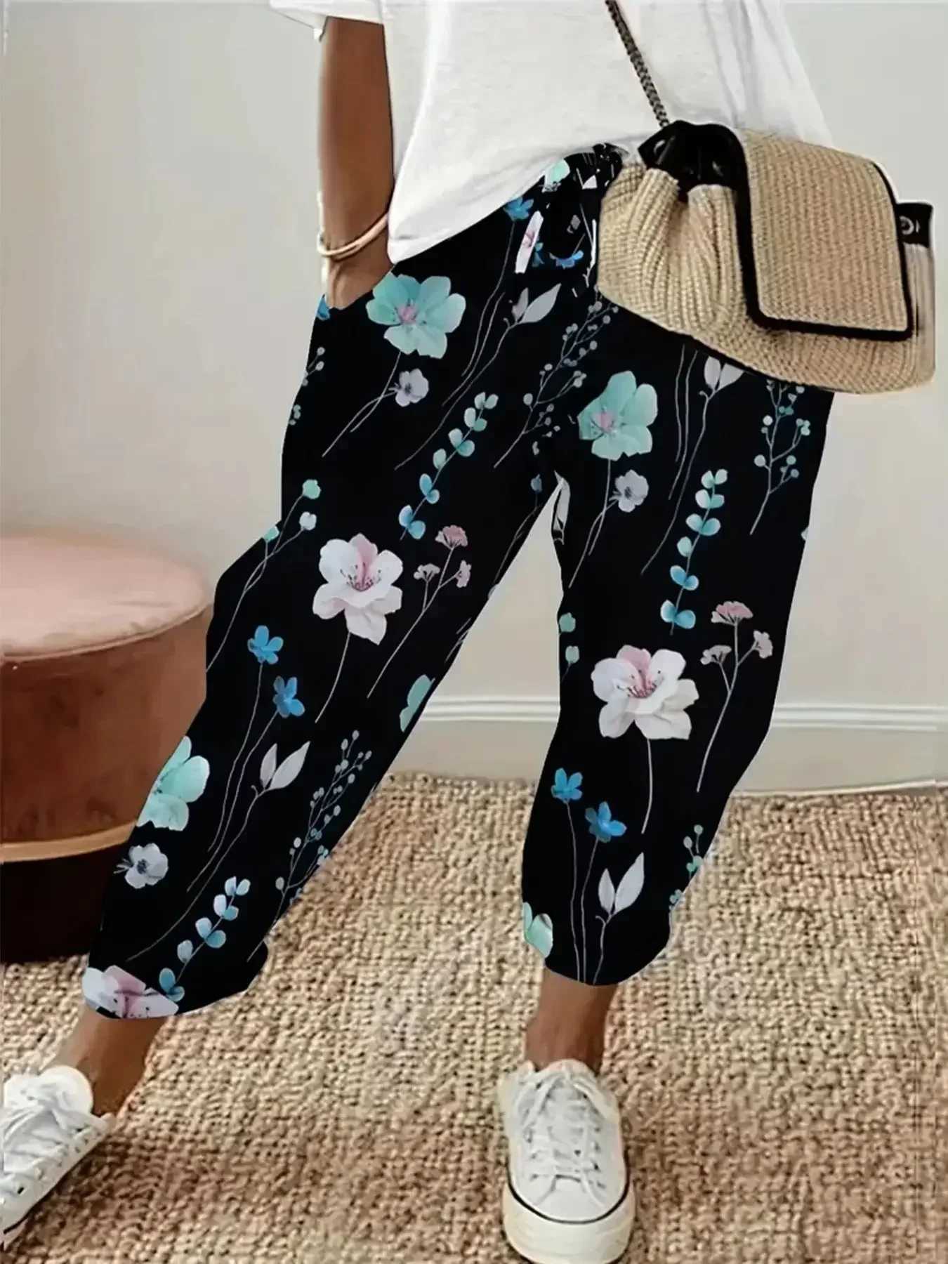 Womens Fashion Summer Plus Size 1XL-5XL Floral Print Straight Elastic Drstring Pocket Pants Ladise Casual Versatile PantsXJ250616