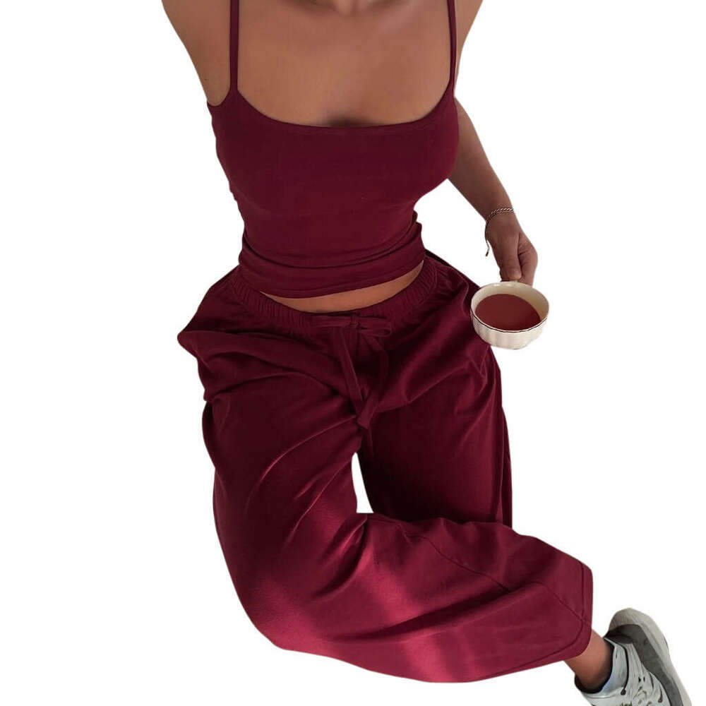 Women's Spring Summer Square Neck Strap Backless High Waist Elastic Drawstring Wide Leg Loose Set 2025 New Casual Versatile Fashion Clothing