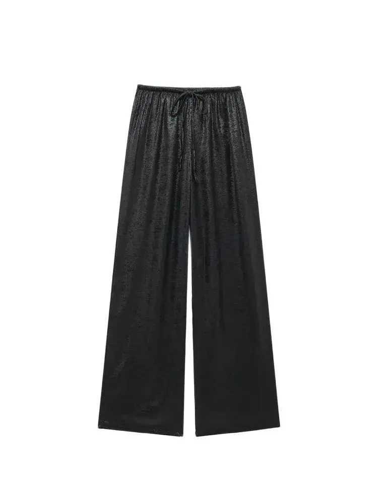 TRZA-Womens Metallic Straight Pants High Elastic Waist with Drawstring Fe Trousers Chic Fashion XJ250616