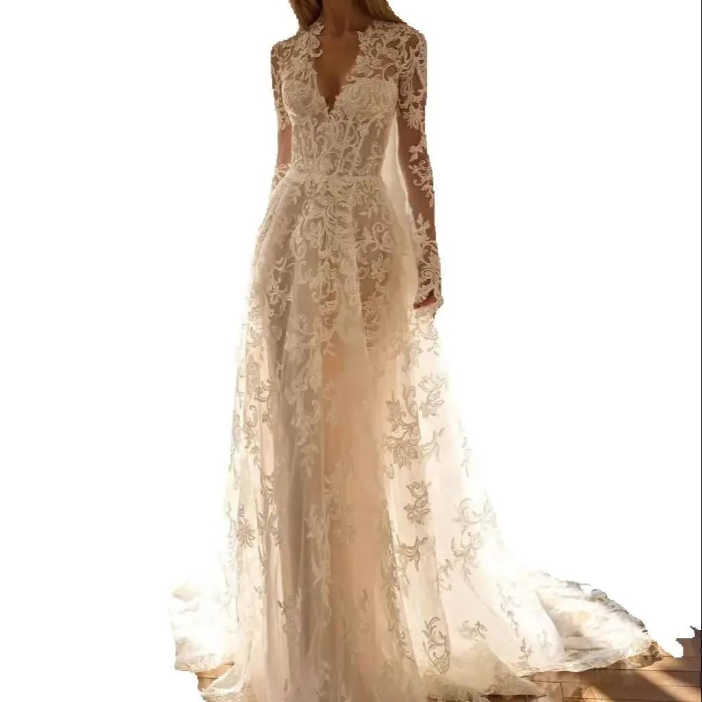 Fashion V Neck Lace Wedding Dresses Simple Illusion Long Sleeve Bridal Gown Customized Floor Length A Line Vestido De Novia