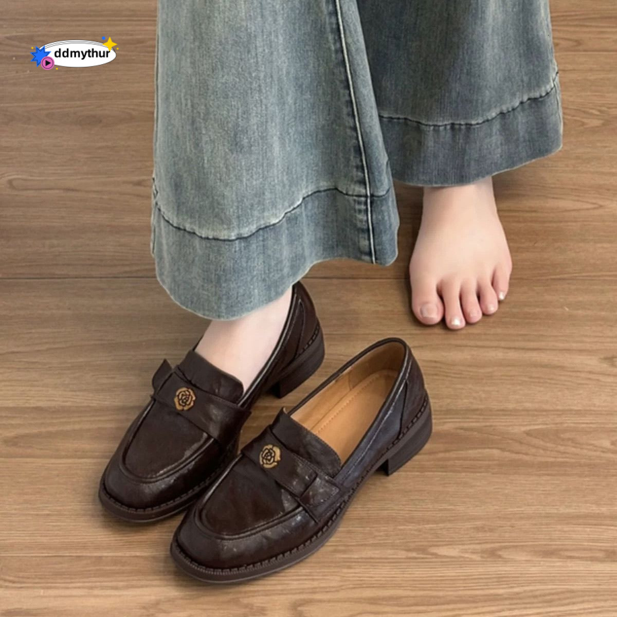 Cowhide Version ~ Genuine New Thick-Soled Camellia Slip-On Loafers for Women British Style Small Leather Single Shoes ddmythur