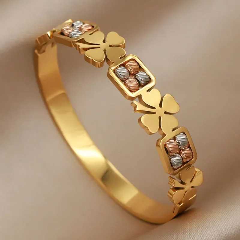 Stainless Steel Metal Mix Beads Flower Bangles for Women Fashion Brand Jewelry Elegant Bangles Accessories Z250616