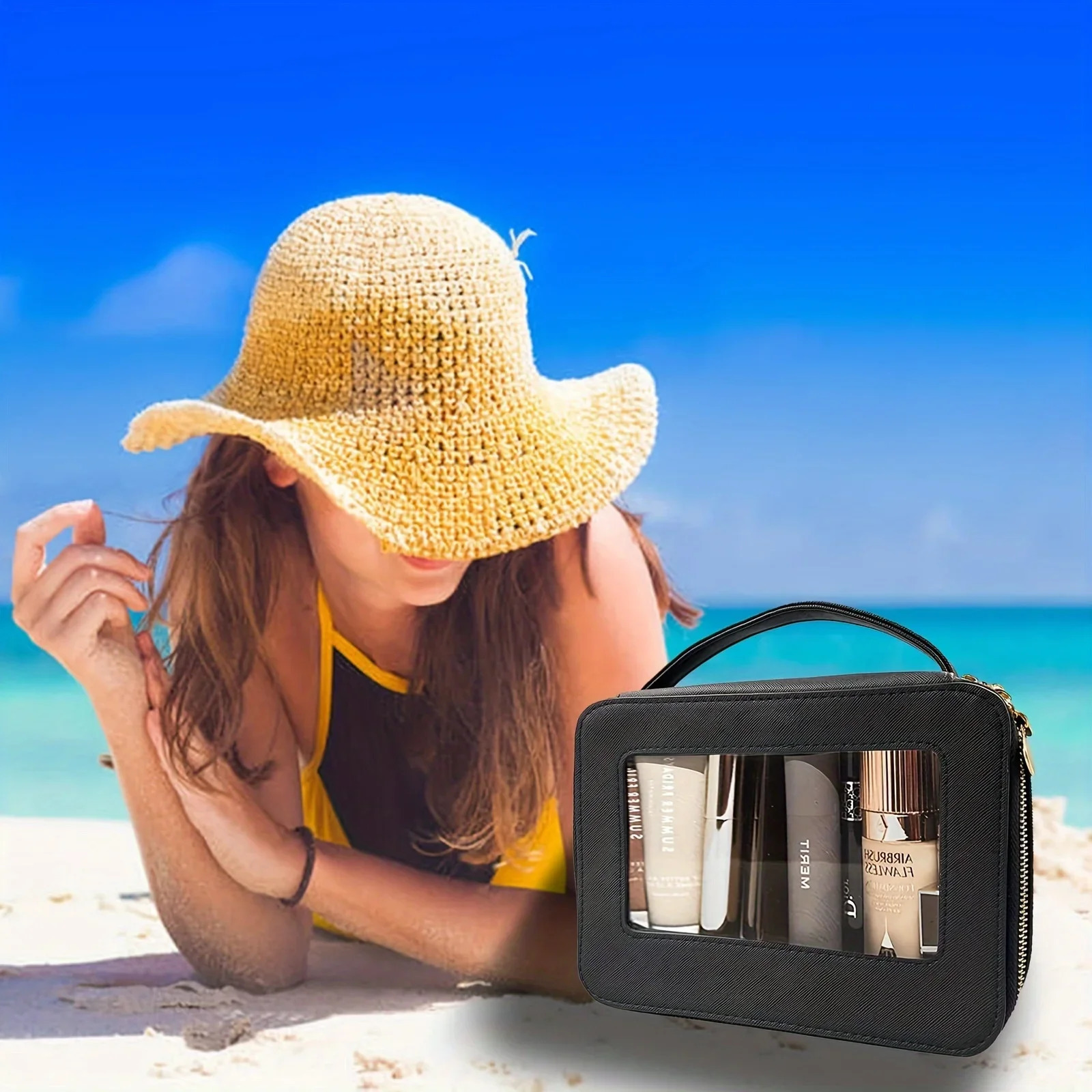 Minimalist Solid Color Makeup Handbag with Clear Window Lightweight Zipper Toiletry Wash Bag for Travel 250614