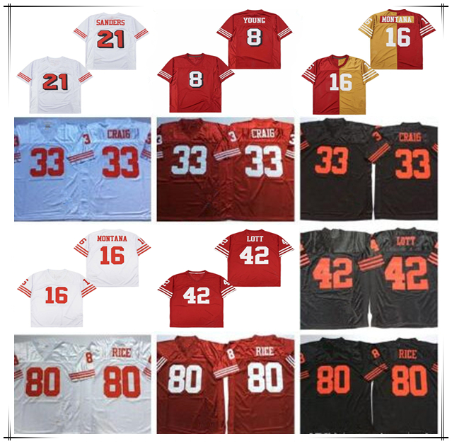 Throwback American Football Jersey Joe Montana Deion Sanders Jerry Rice Steve Young Roger Craig Ronnie Lott Dwight Clark Tom Rathman Stitched Retro Red White Man