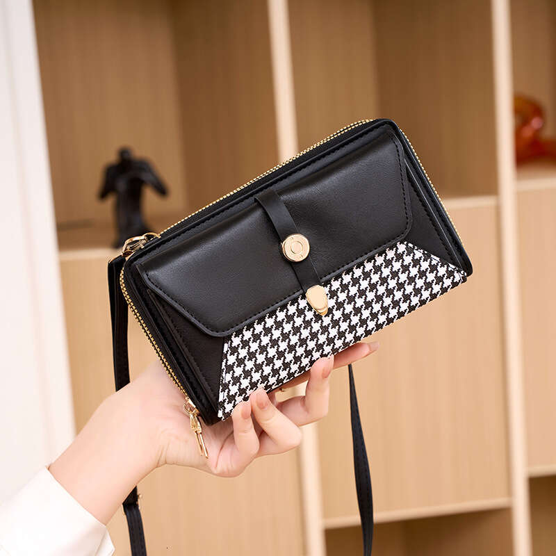 New Style Patchwork Color-Block Phone for Women, Multifunctional Ladies Wallet with High-End Houndstooth Crossbody Shoulder Bag