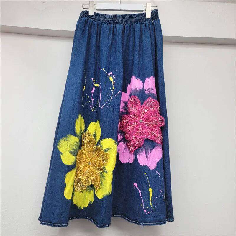 DEAT Fashion Women's Denim Two-pieces Set Loose Heavy Duty Letter Printed Sequins Flowers Coat Elastic Waist Skirts 11A04635