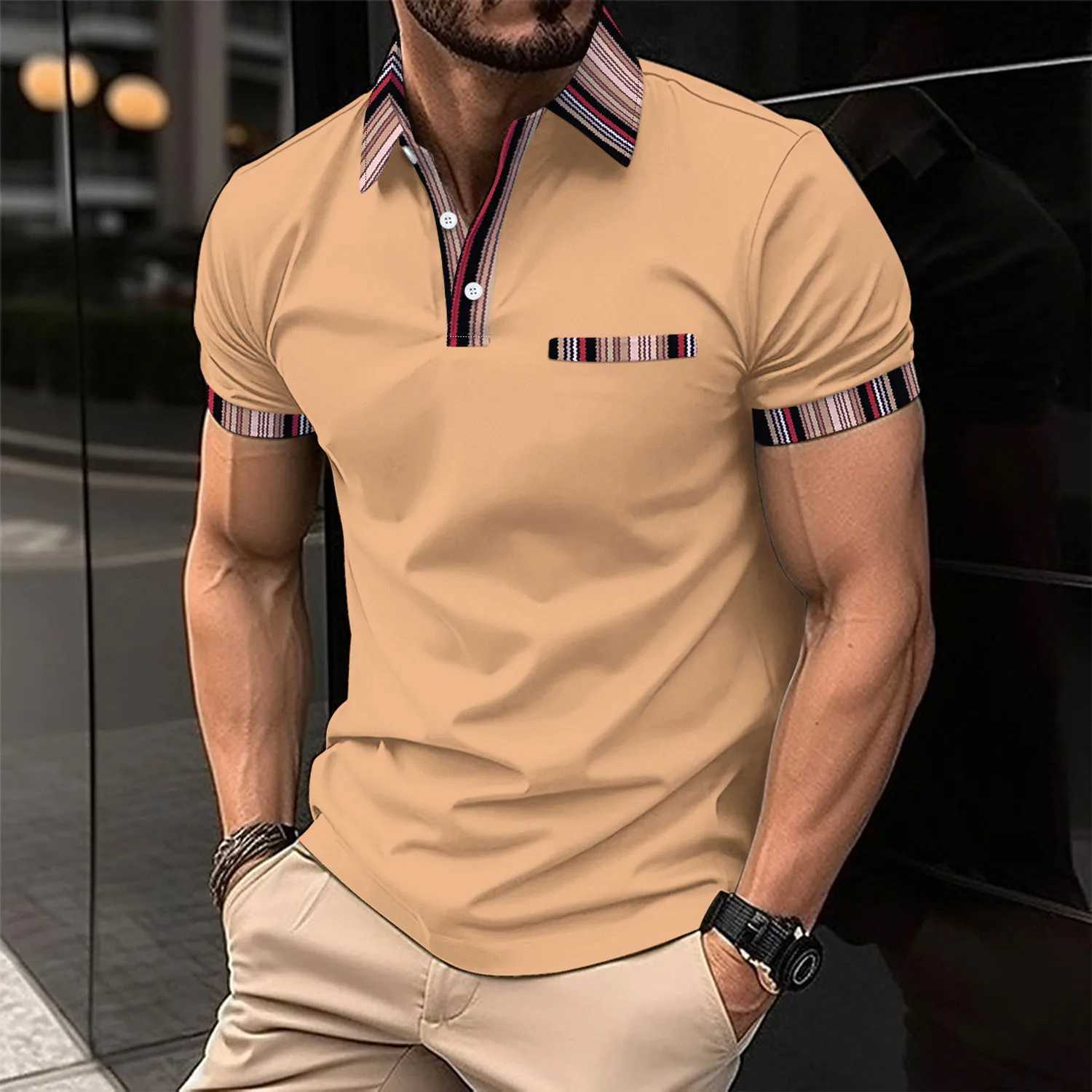 2024 New Cross border Mens Leisure Sports POLO Shirt with False Chest Pocket 3D Printed Collar Button Versatile Mens T-shirt W250616