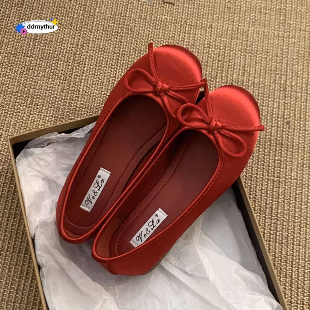 Red Shallow Mouth Single Shoes for Women Spring New French Style Gentle Fairy Blue Ballet Flat Loafers ddmythur
