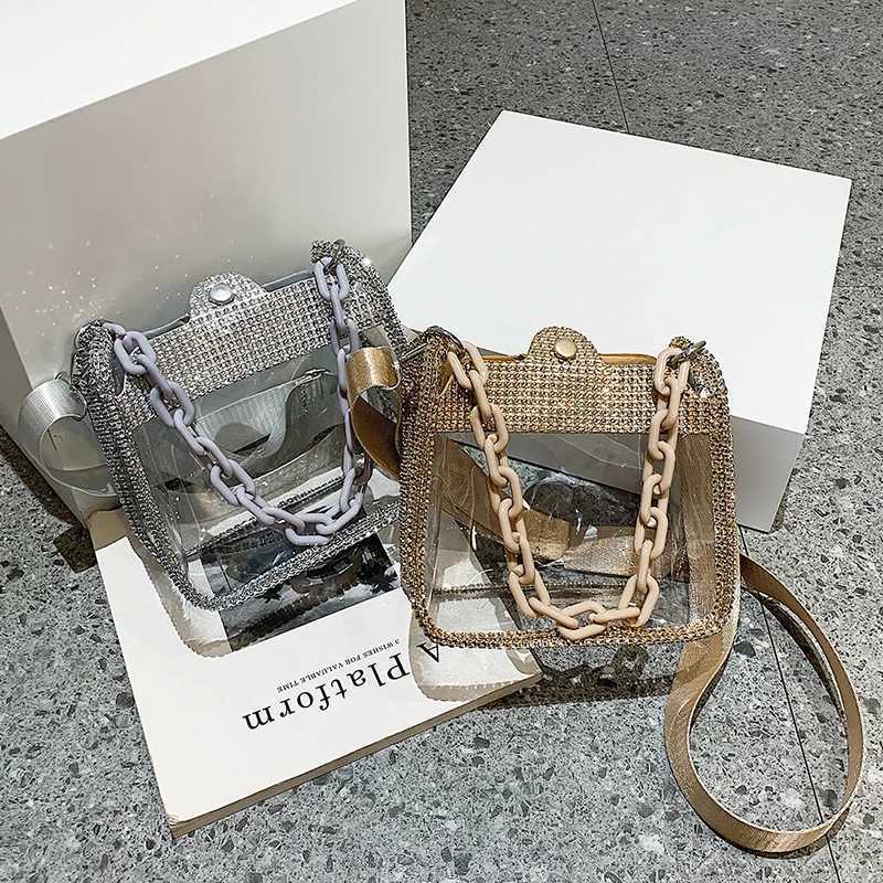 PVC Transparent Shoulder Crossbody Bag with Rhinestones Thick Chain Ladies Small Purse and Handbags Fashion Jelly Summer Beach Totes XJ2520616