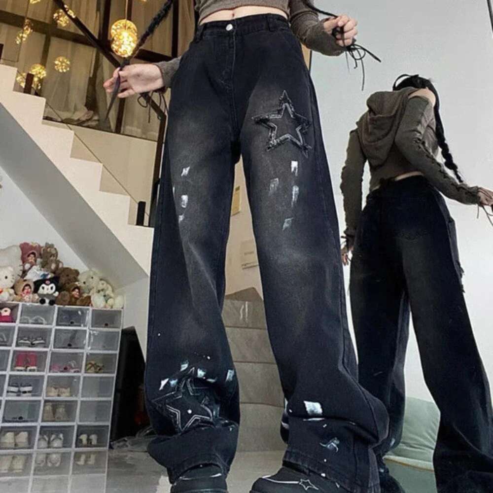 With Pockets Black Trousers Star Straight Leg Pants for Women High Waist Shot Womens Jeans Trend 2024 Pant Loosefit Grunge Y2k Z