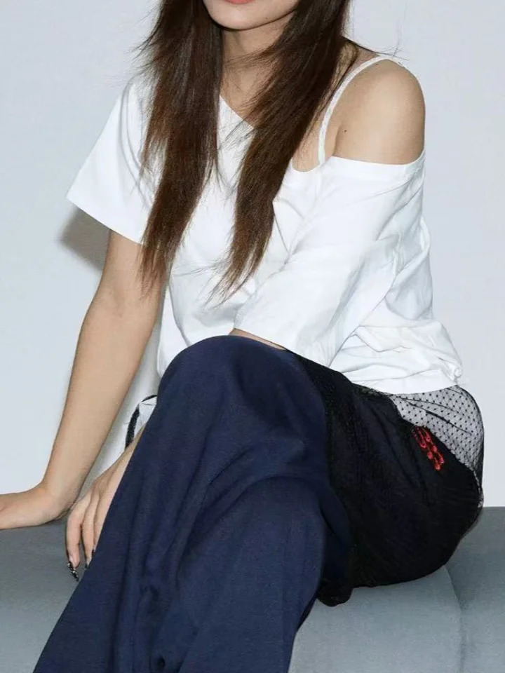 T-shirts Women Niche Off Shoulder Solid Short Sleeve Summer Chic Loose Casual Daily Simple Sexy Korean Trendy Street Tops 250614