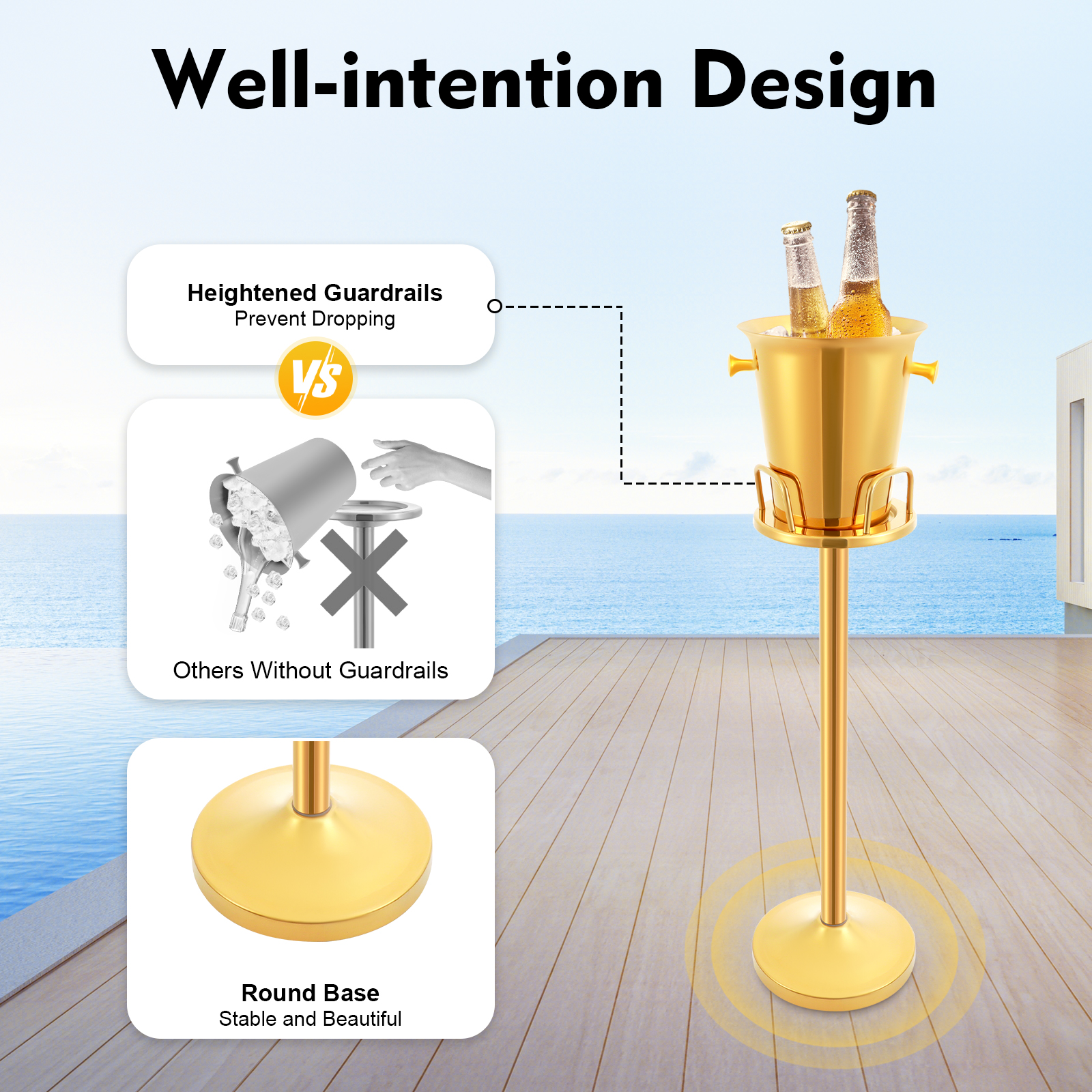 Champagne Bucket with Stand, Gold Ice Bucket Floor Standing Bar Stand Wine Cooler Gold Stainless Steel Ice Bucket Wine Bucket Champagne Chiller for BB