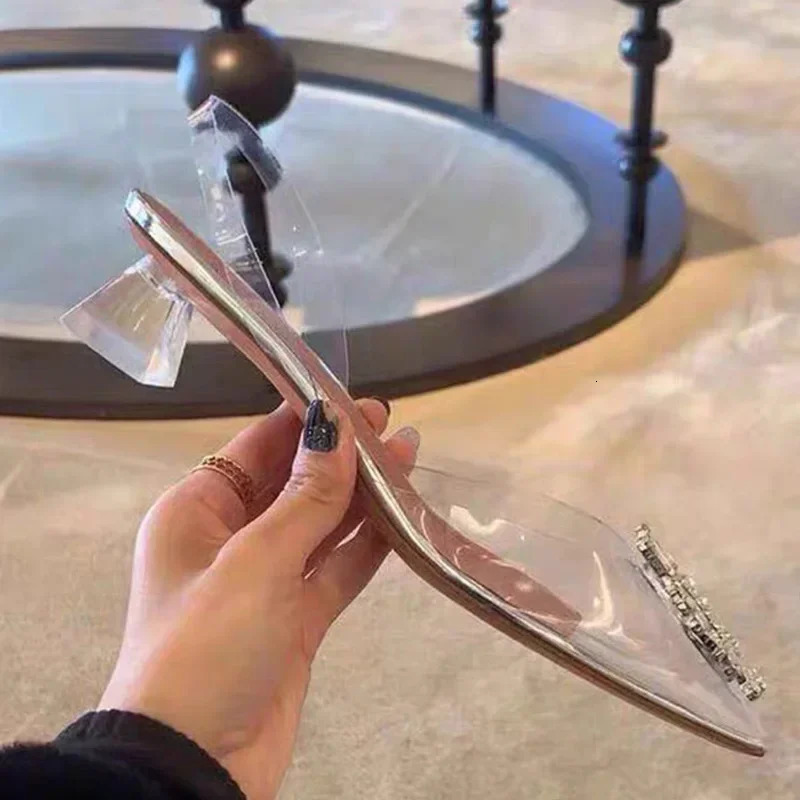 Summer Joker Pointy Thick Heel Sexy Rhinestone Transparent Sandals Women 250610