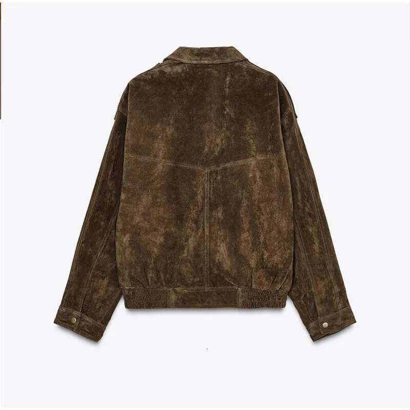 Autumn High Street Women's Coat Brown Big Pocket Long Sleeve Zipper Female Coats 2025 Fashion Turndown Collar Loose Lady Outwear