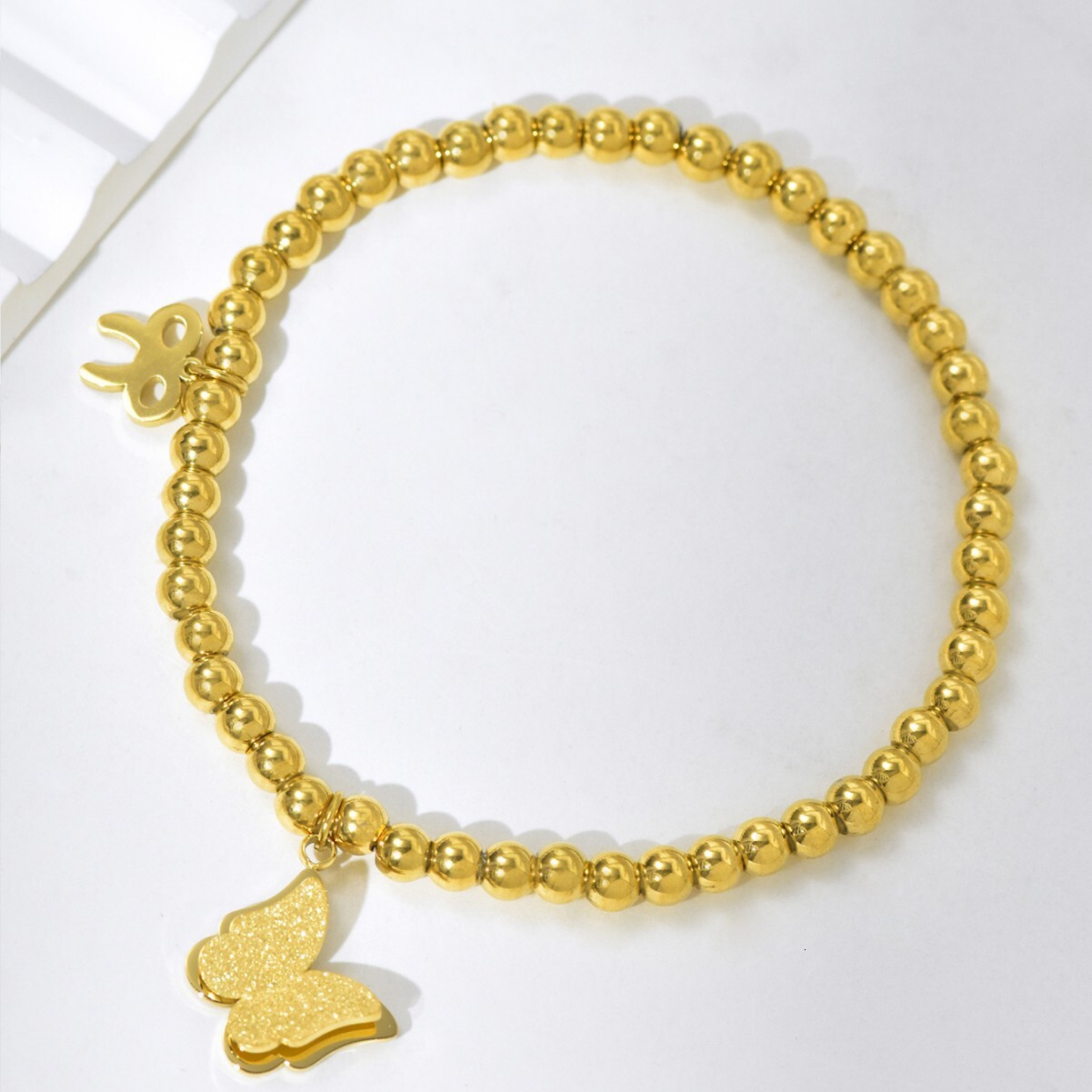 Light Style Gold Round Bead Butterfly Bracelet for Women, Stainless Unique and Versatile, Exquisite Titanium Steel, Non-Fading Jewelry