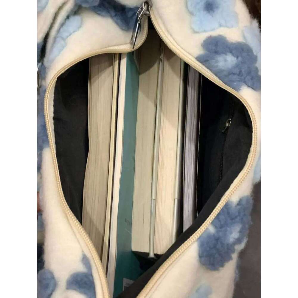 Autumn Winter Flower Lamb Wool Plush Student Large Capacity Tote Shoulder Bag Crossbody Bags For Women