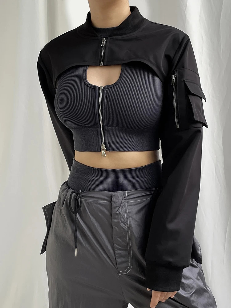 Zip Up Stand Collar Long Sleeve Black Cropped Jackets Women Pocket Safari Style Streetwear 250614