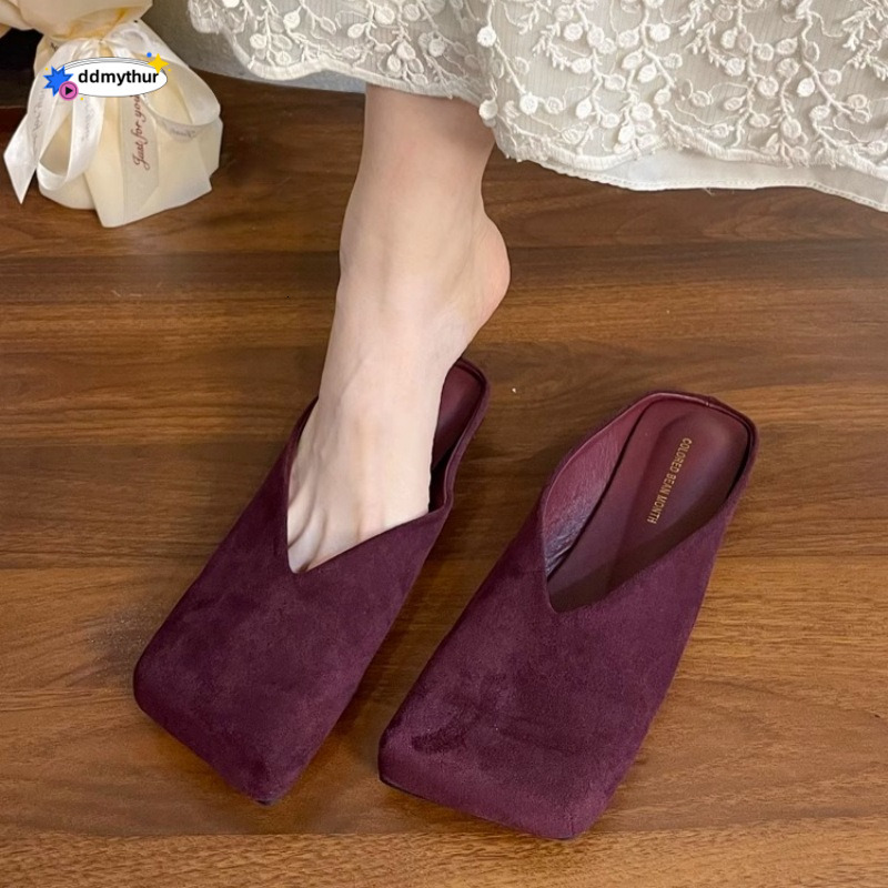 Baotou Half Slippers for Women, Outdoor Wear, 2025 Spring and Autumn New Style, Niche Square Toe, Shallow Mouth, Velvet Soft Sole Mules ddmythur