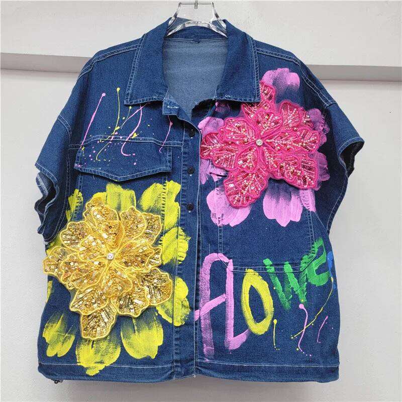 DEAT Fashion Women's Denim Two-pieces Set Loose Heavy Duty Letter Printed Sequins Flowers Coat Elastic Waist Skirts 11A04635