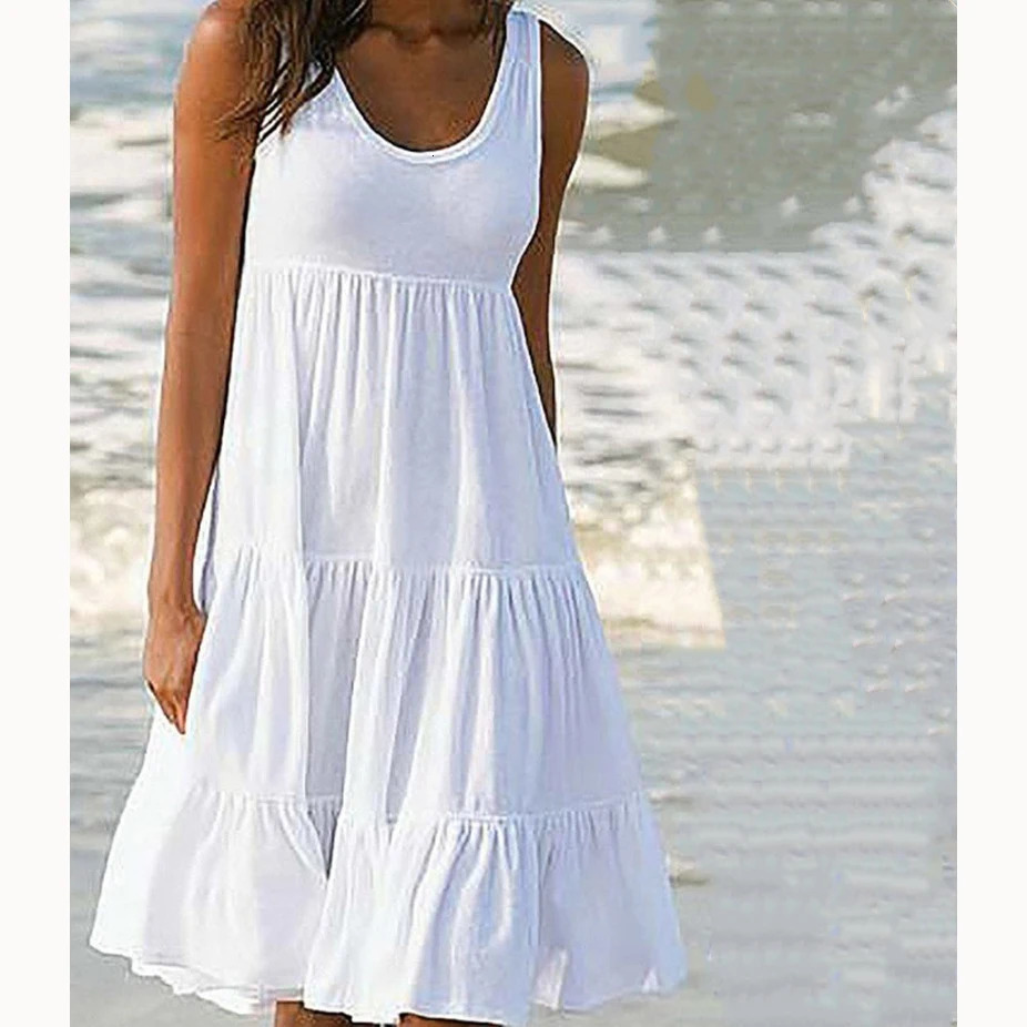 Women Casual O Neck Sleeveless Ruffles Mini Dress Boho Solid Beach Sundress Oversized Loose Dress Summer 250609